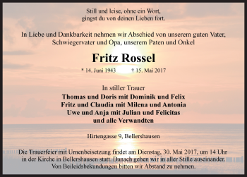 Traueranzeige von Fritz Rossel von Rothenburg