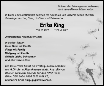 Traueranzeige von Erika Ring von Neustadt/ Scheinfeld/ Uffenheim