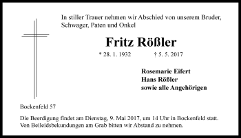 Traueranzeige von Fritz Rößler von Rothenburg