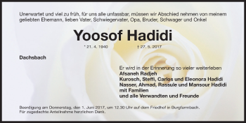 Traueranzeige von Yoosof Hadidi von Neustadt/ Scheinfeld/ Uffenheim