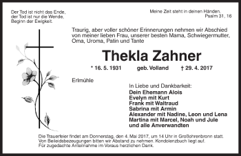 Traueranzeige von Thekla Zahner von Dinkelsbühl/ Feuchtwangen