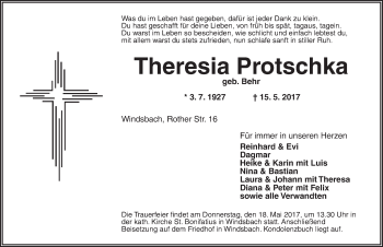 Traueranzeige von Theresia Protschka von Ansbach