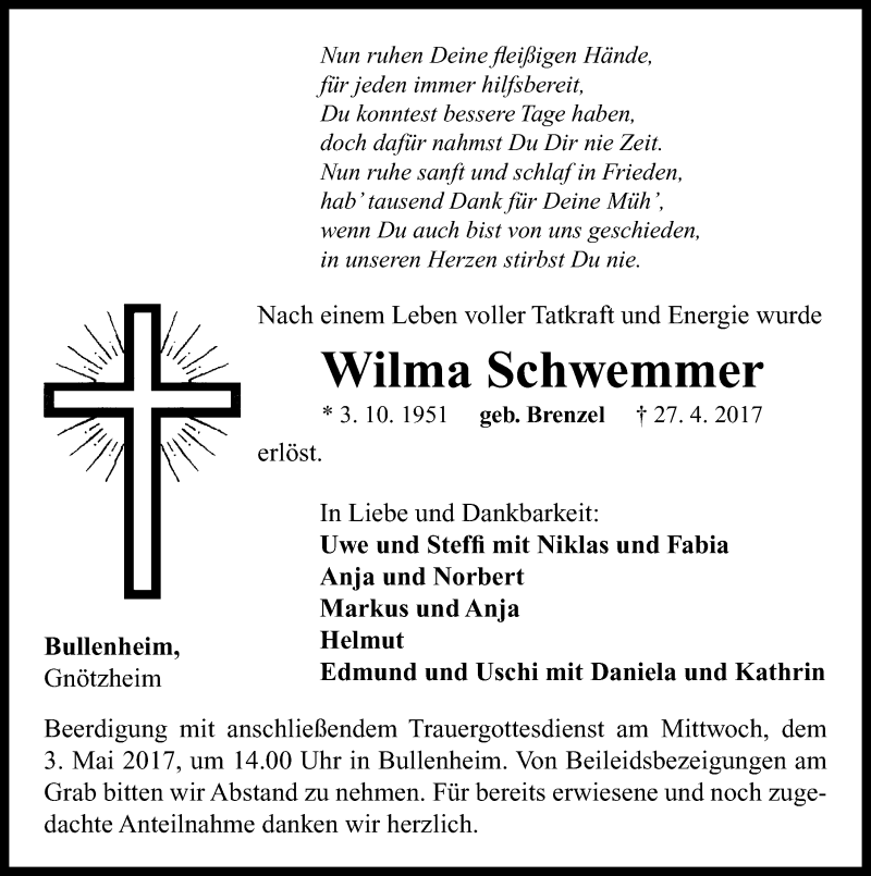  Traueranzeige für Wilma Schwemmer vom 02.05.2017 aus Neustadt/ Scheinfeld/ Uffenheim
