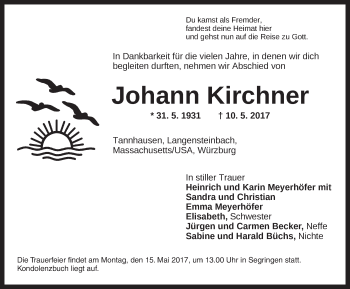 Traueranzeige von Johann Kirchner von Dinkelsbühl/ Feuchtwangen