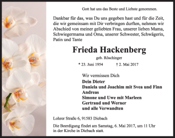 Traueranzeige von Frieda Hackenberg von Rothenburg