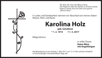 Traueranzeige von Karolina Holz von Dinkelsbühl/ Feuchtwangen