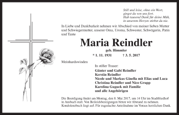 Traueranzeige von Maria Reindler von Ansbach