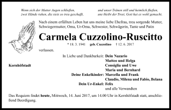 Traueranzeige von Carmela Cuzzolino-Ruscitto von Neustadt/ Scheinfeld/ Uffenheim