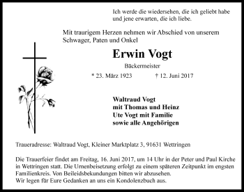 Traueranzeige von Erwin Vogt von Rothenburg