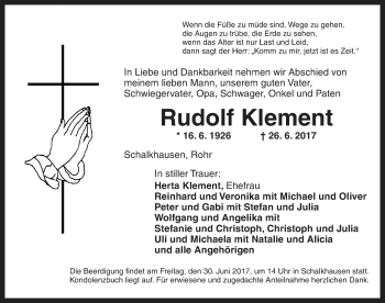 Traueranzeige von Rudolf Klement von Dinkelsbühl/ Feuchtwangen