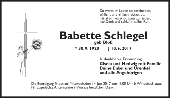 Traueranzeige von Babette Schlegel von Ansbach