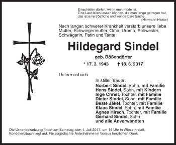 Traueranzeige von Hildegard Sindel von Dinkelsbühl/ Feuchtwangen