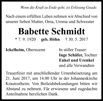 Traueranzeige von Babette Schmidt von Neustadt/ Scheinfeld/ Uffenheim