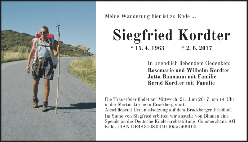  Traueranzeige für Siegfried Kordter vom 10.06.2017 aus Ansbach