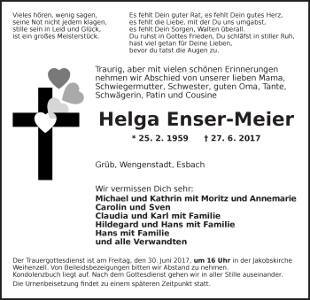 Traueranzeige von Helga Enser-Meier von Ansbach