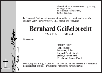 Traueranzeige von Bernhard Geißelbrecht von Ansbach