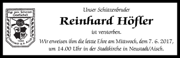 Traueranzeige von Reinhard Höfler von Neustadt/ Scheinfeld/ Uffenheim