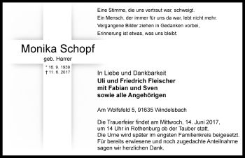 Traueranzeige von Monika Schopf von Rothenburg