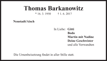 Traueranzeige von Thomas Barkanowitz von Neustadt/ Scheinfeld/ Uffenheim