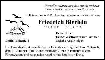 Traueranzeige von Friedrich Bierlein von Neustadt/ Scheinfeld/ Uffenheim