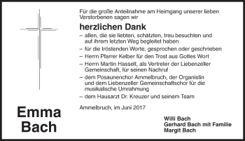 Traueranzeige von Emma Bach von Dinkelsbühl/ Feuchtwangen