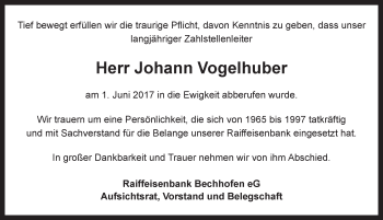 Traueranzeige von Johann Vogelhuber von Dinkelsbühl/ Feuchtwangen