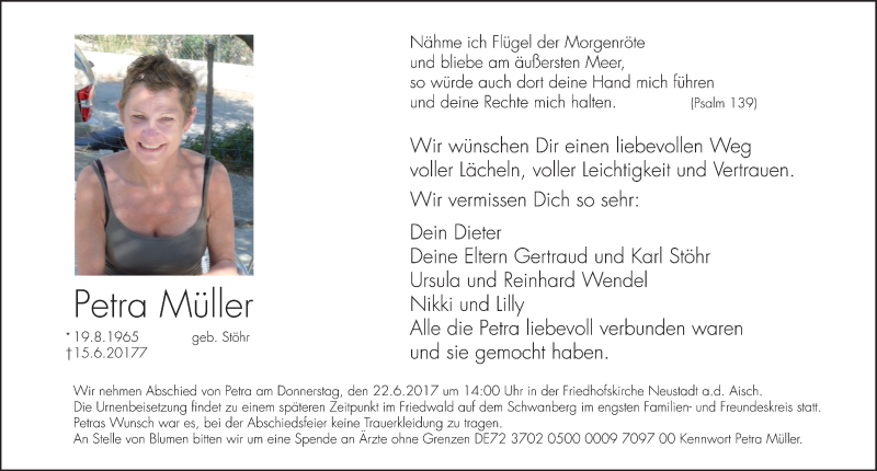  Traueranzeige für Petra Müller vom 20.06.2017 aus Neustadt/ Scheinfeld/ Uffenheim