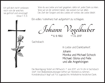 Traueranzeige von Johann Vogelhuber von Dinkelsbühl/ Feuchtwangen