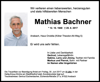 Traueranzeige von Mathias Bachner von Ansbach