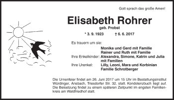 Traueranzeige von Elisabeth Rohrer von Ansbach