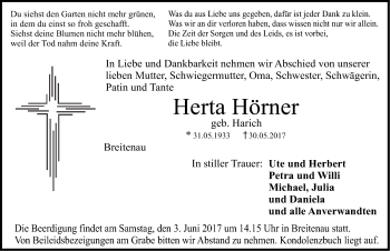 Traueranzeige von Herta Hörner von Dinkelsbühl/ Feuchtwangen