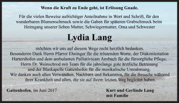 Traueranzeige von Lydia Lang von Rothenburg