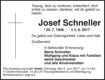 Traueranzeige von Josef Schneller von Ansbach