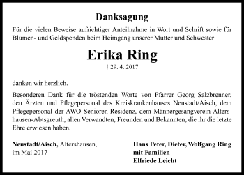 Traueranzeige von Erika Ring von Neustadt/ Scheinfeld/ Uffenheim