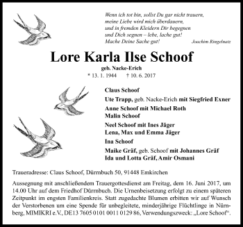 Traueranzeige von Lore Karla Ilse Schoof von Neustadt/ Scheinfeld/ Uffenheim