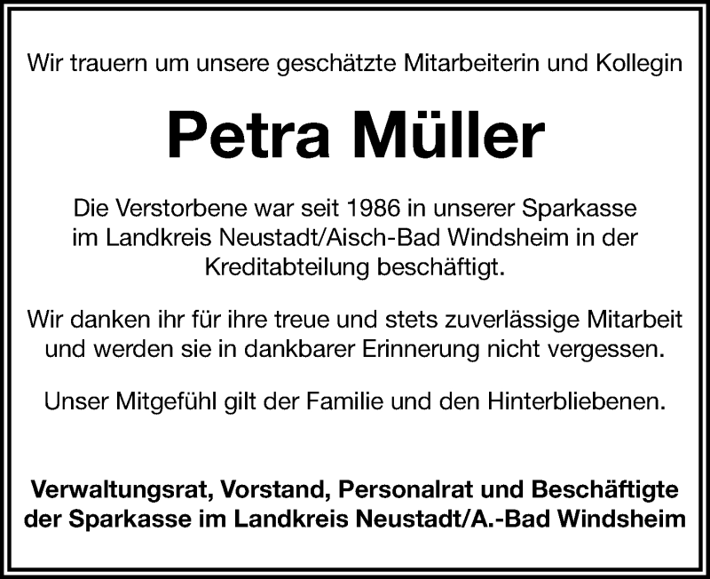  Traueranzeige für Petra Müller vom 21.06.2017 aus Neustadt/ Scheinfeld/ Uffenheim