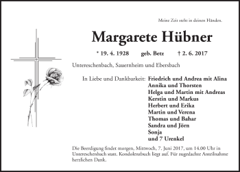 Traueranzeige von Margarete Hübner von Ansbach