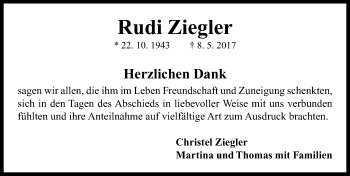 Traueranzeige von Rudi Ziegler von Neustadt/ Scheinfeld/ Uffenheim