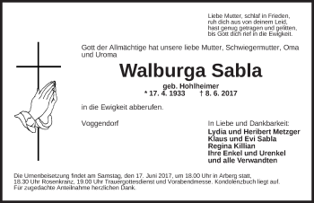 Traueranzeige von Walburga Sabla von Dinkelsbühl/ Feuchtwangen