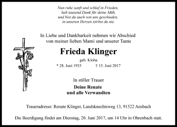 Traueranzeige von Frieda Klinger von Rothenburg