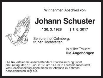 Traueranzeige von Johann Schuster von Ansbach