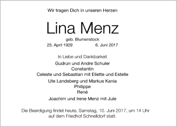 Traueranzeige von Lina Menz von Dinkelsbühl/ Feuchtwangen