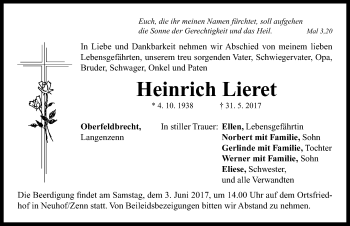 Traueranzeige von Heinrich Lieret von Neustadt/ Scheinfeld/ Uffenheim