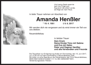 Traueranzeige von Amanda Henßler von Ansbach