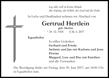 Traueranzeige von Gertrud Hertlein von Neustadt/ Scheinfeld/ Uffenheim