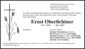 Traueranzeige von Ernst Oberfichtner von Dinkelsbühl/ Feuchtwangen