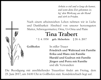 Traueranzeige von Tina Trabert von Neustadt/ Scheinfeld/ Uffenheim