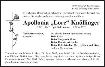 Traueranzeige von Apollonia Knöllinger von Neustadt/ Scheinfeld/ Uffenheim