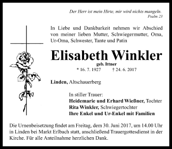 Traueranzeige von Elisabeth Winkler von Neustadt/ Scheinfeld/ Uffenheim