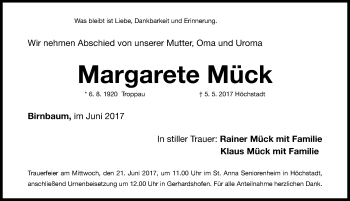 Traueranzeige von Margarete Mück von Neustadt/ Scheinfeld/ Uffenheim